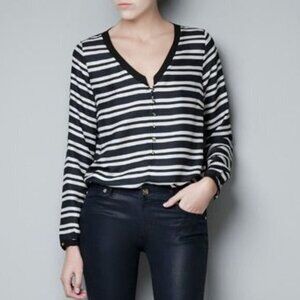 Zara Striped Button Up V‎ Neck Blouse Sheer Top XS